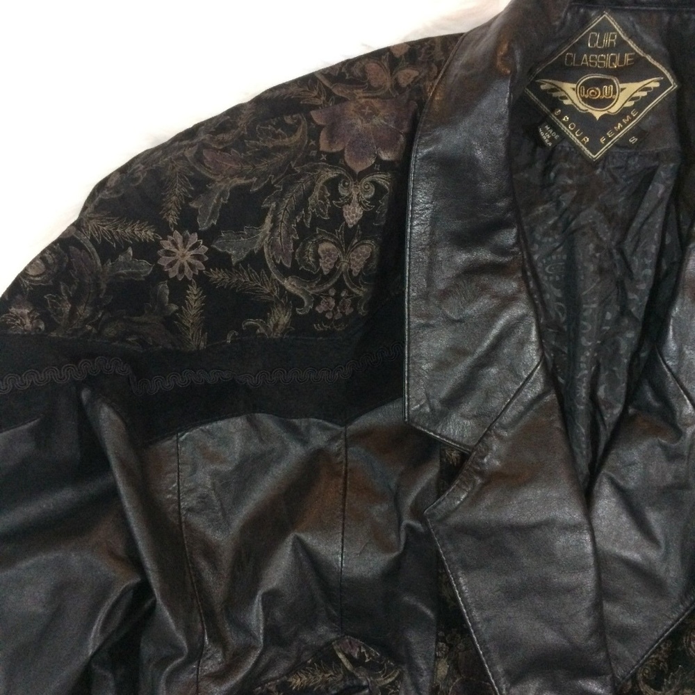 Vintage 80's Black Cropped Leather Jacket Floral - Picture 3 of 8